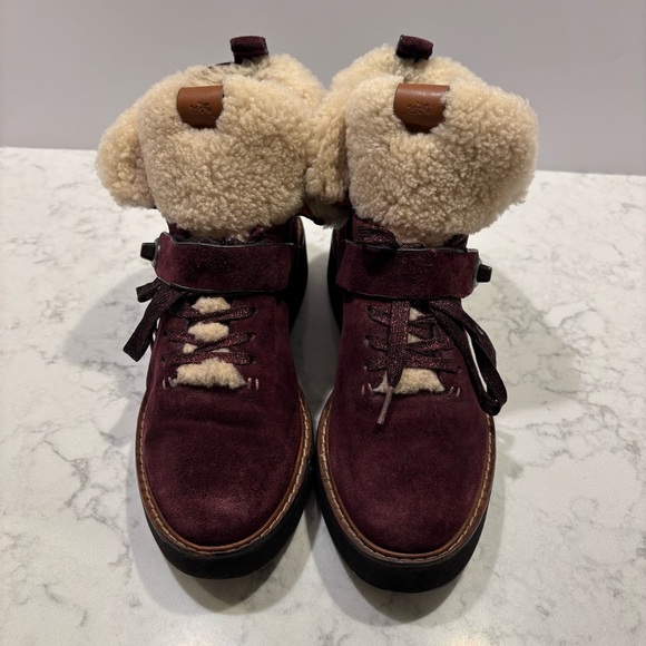 Coach Shearling Urban Hiker Boots Suede Burgundy Women’s size 8.5 - Picture 3 of 9